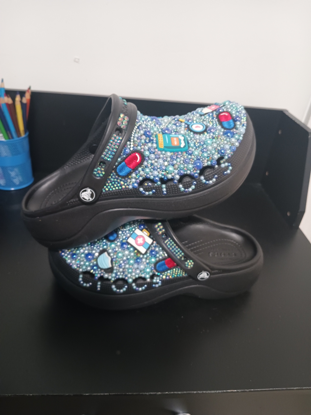 CROCS Black Clogs with Blue & Aqua Beaded Medical Charms